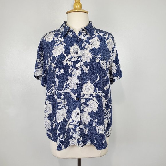 Vintage Silk Bridgetown Collection Button Up Short Sleeve Top Blouse, Size L - Picture 1 of 12